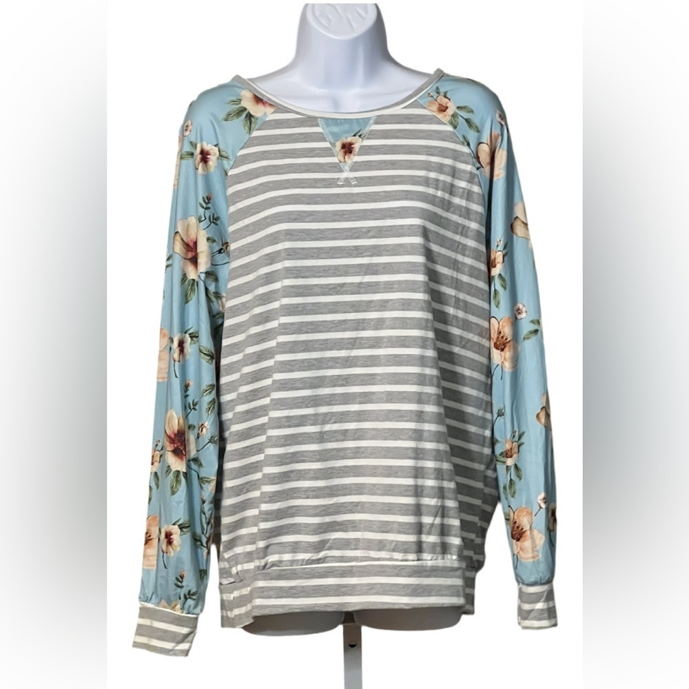 Marie Nicole Gray and White Stripes with Blue Floral Long  Sleeve Shirt